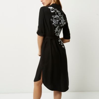 Black embroidered floral shirt dress